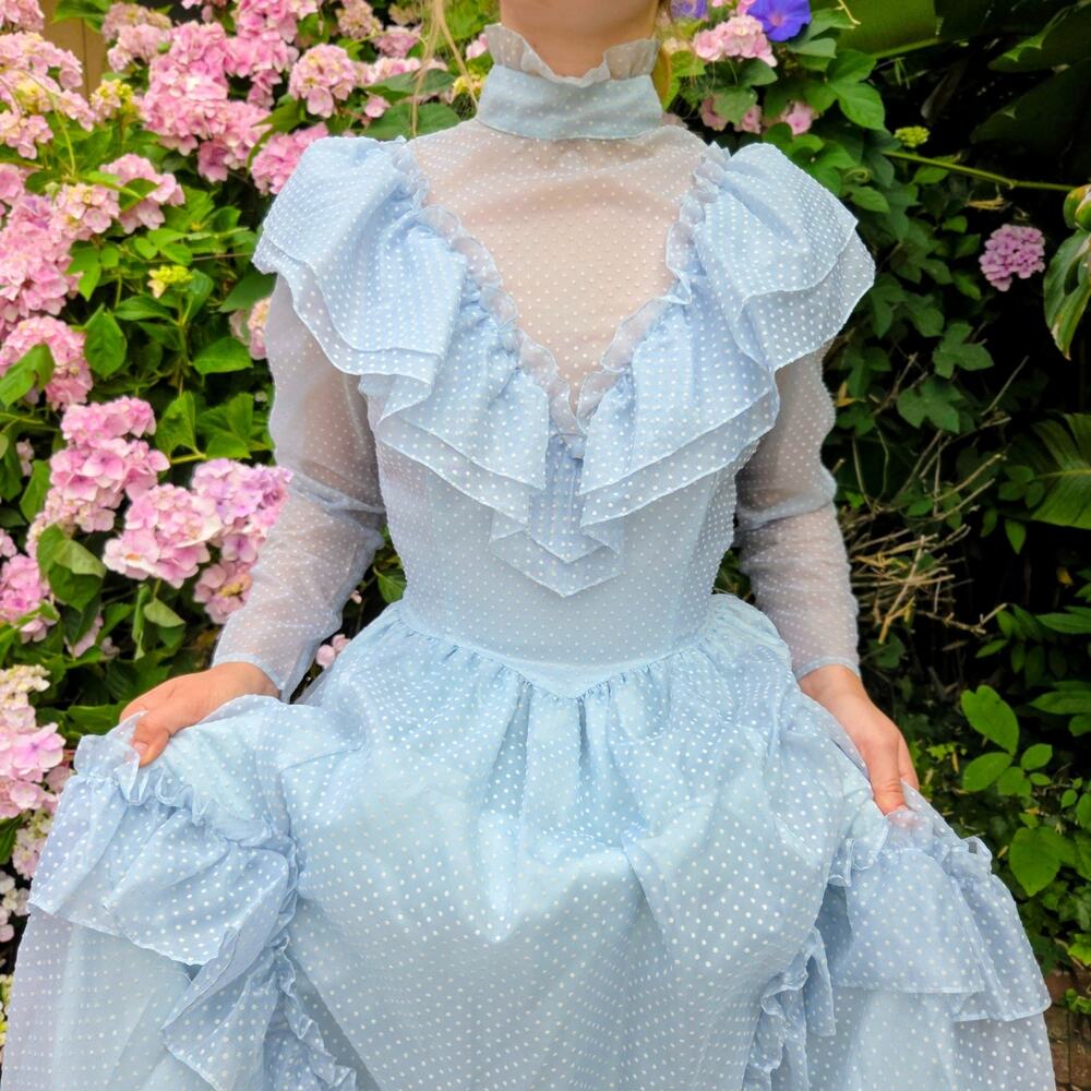 Gunne Sax Blue Swiss Dot Maxi Dress Size S 9 Vintage 80s Ruffle Romantic Wedding